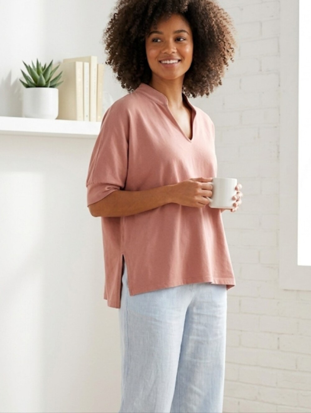 Lisa Bayne XS Top Bamboo Boxy Crop Peach Salmon